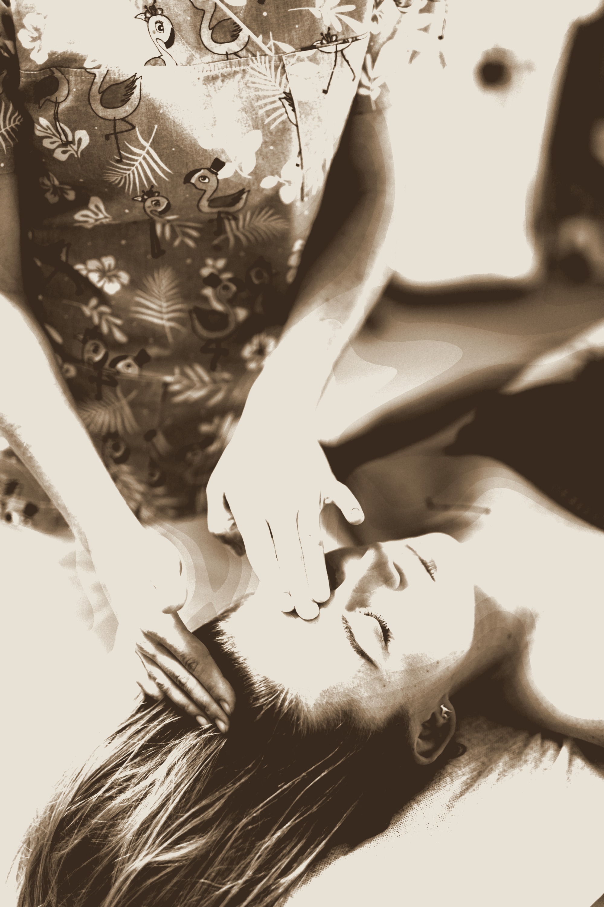 A craniosacral hold, drawn in the style of an old-master sketch